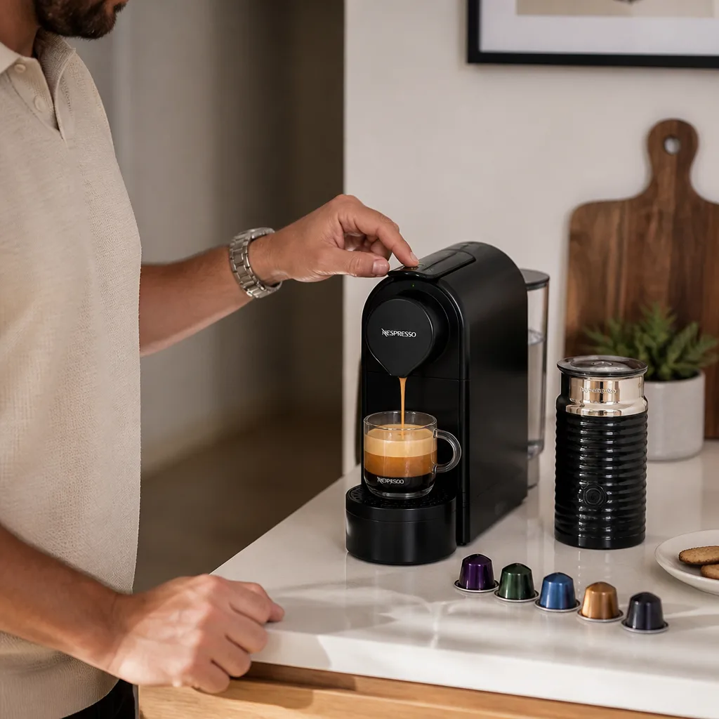 Capsule Coffee Machine — A compact capsule machine that makes coffee or espresso at the push of a button, bundled here with a milk frother and a set of
