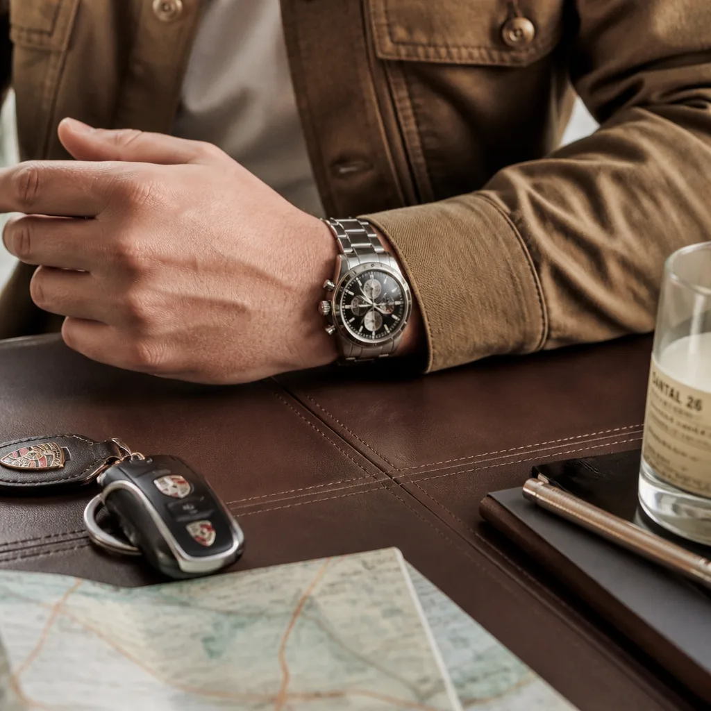 Chronograph Watch — A motorsports style chronograph with working stopwatch subdials and a battery movement, so it runs sporty on the wrist without asking for a