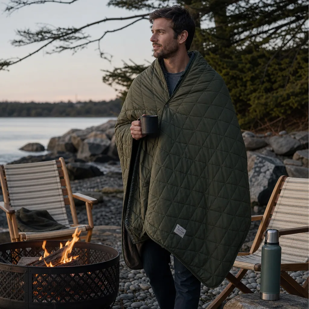 Convertible Camp Blanket — An insulated camp blanket that wraps around like a poncho or lays flat like a regular blanket, built for outdoor use but just as