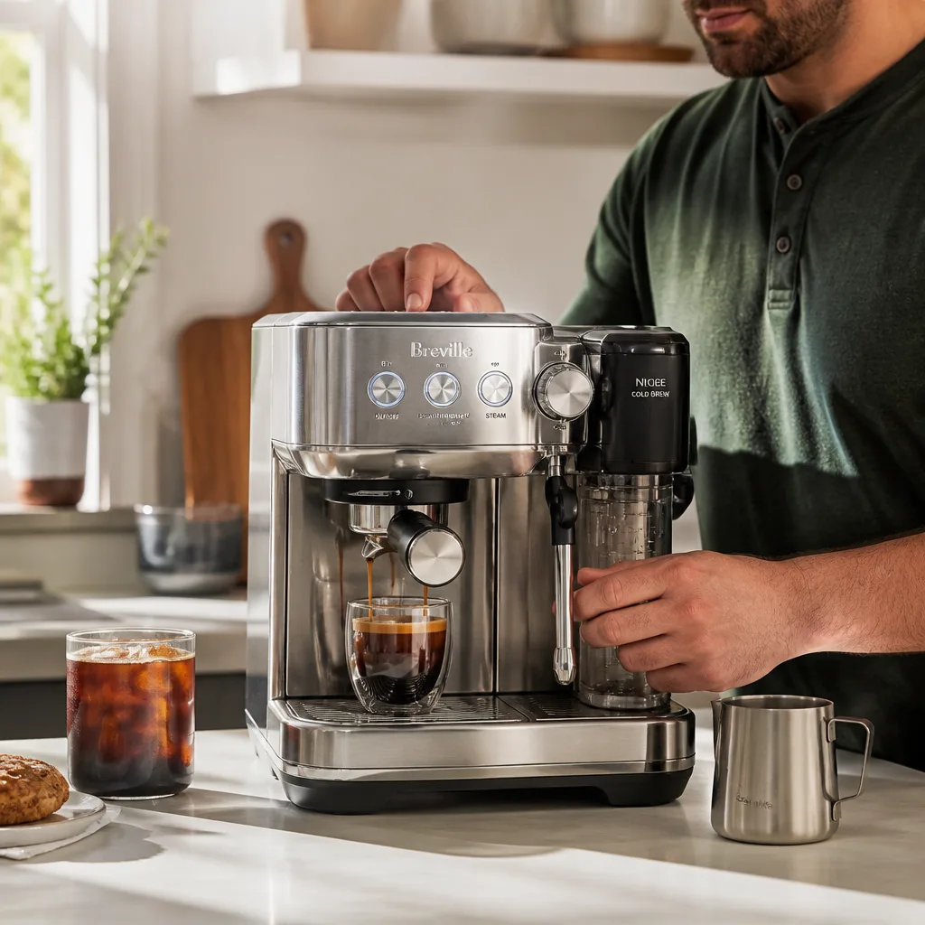Espresso and Cold Brew Machine — One machine that pulls espresso, brews drip coffee and makes cold brew, with a built in milk frother for the days he wants