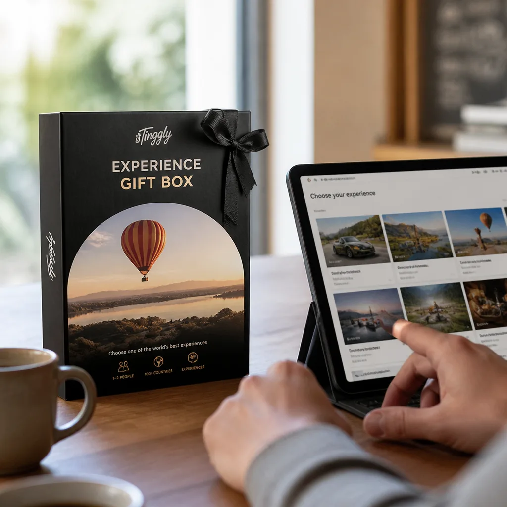 Experience Gift Box — A boxed voucher that lets him choose his own experience from a catalog, a tasting, a drive, an adventure day, then book the date online