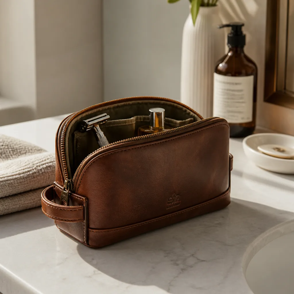 Leather Dopp Kit — A leather toiletry bag built to hold the razor, the toothbrush and whatever skincare he has quietly started using, without everything