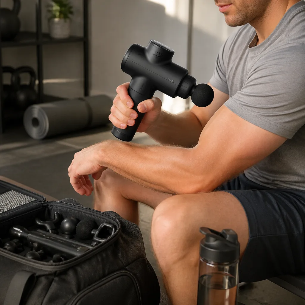 Massage Gun — A deep tissue percussion massage gun with interchangeable heads and several speed settings, built to work into a sore shoulder or tight calf in a