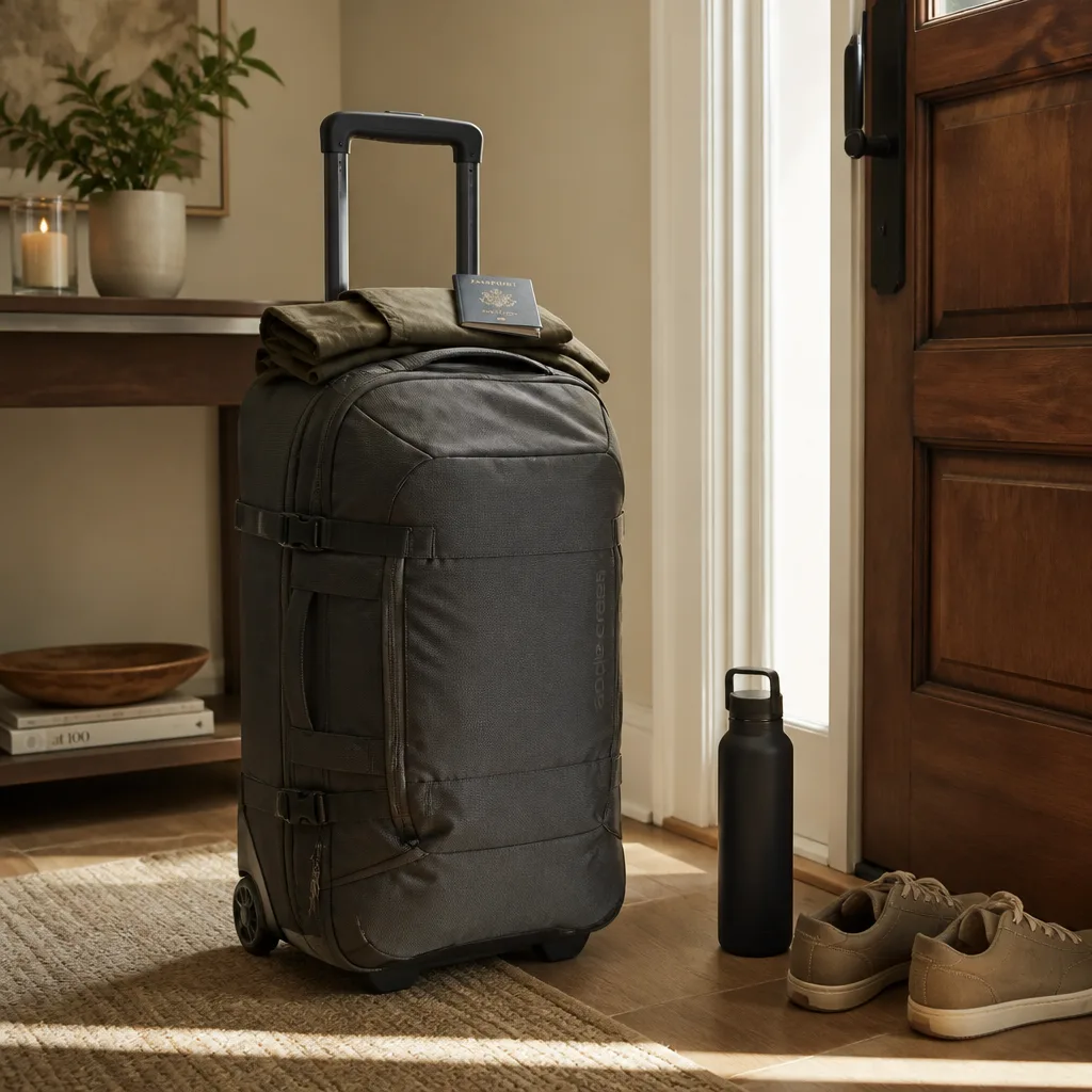 Rolling Duffle Bag — A duffle bag built with wheels and a telescoping handle, so he can roll it through an airport instead of slinging a strap over one sore