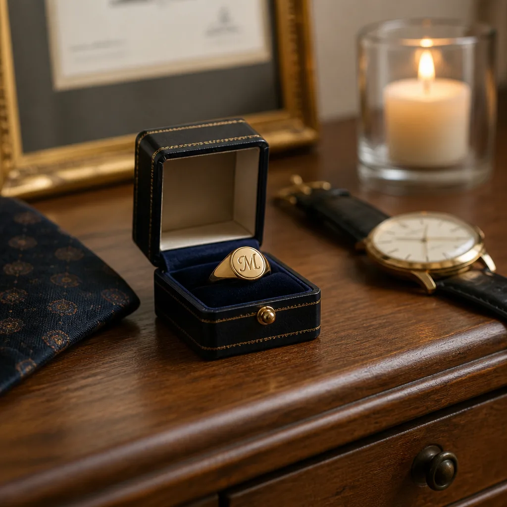 Signet Ring — A gold signet ring with a flat engraved plate carrying his initials, worn on the pinky or the ring finger depending on his taste. Valentine gifts