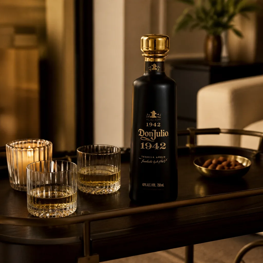Sipping Tequila — A tall tapered black bottle of sipping tequila with a gold lit base and a gold topper, built to look like a gift rather than something