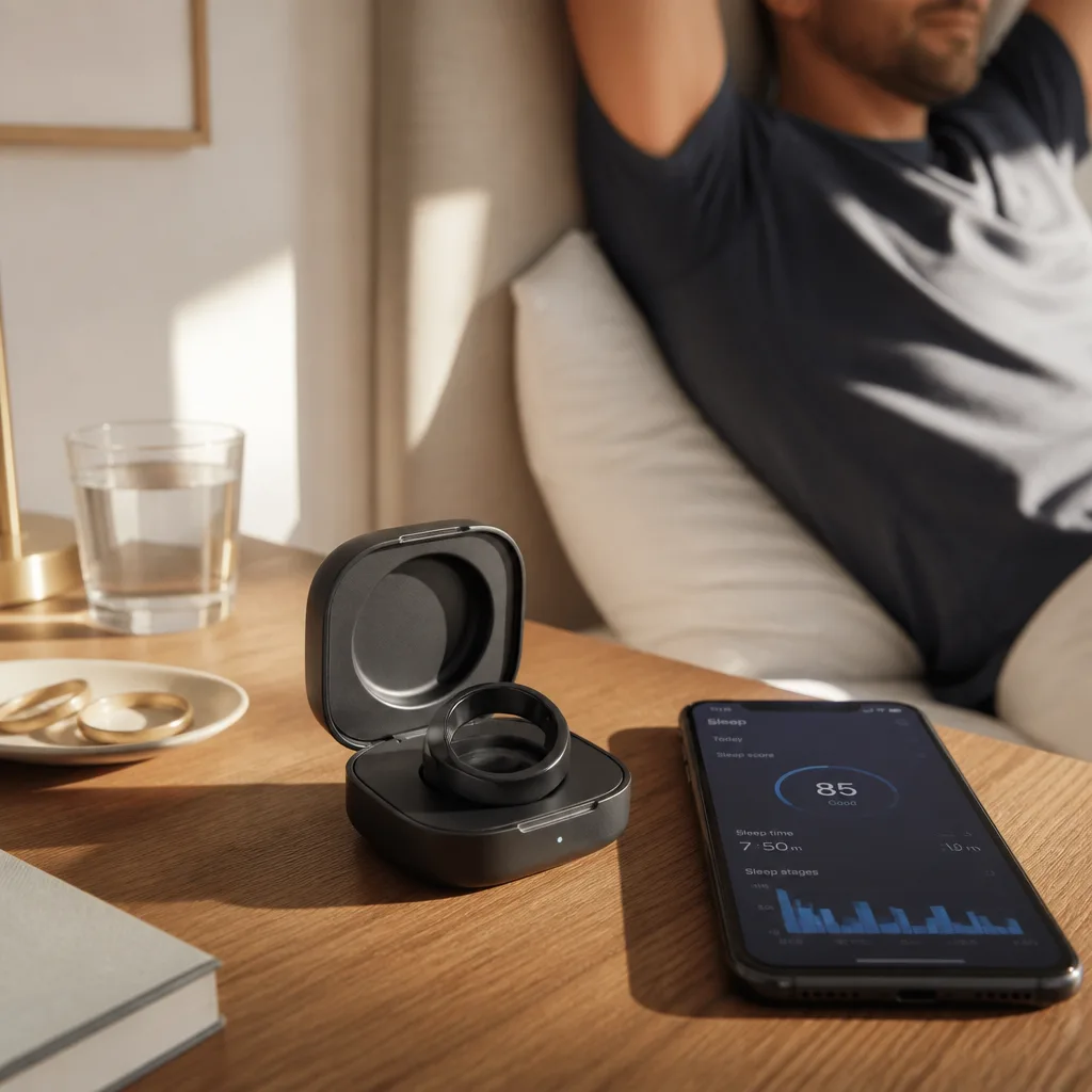 Smart Ring — A screenless smart ring that quietly tracks sleep, activity and basic health data all day, with everything readable later on his phone rather than