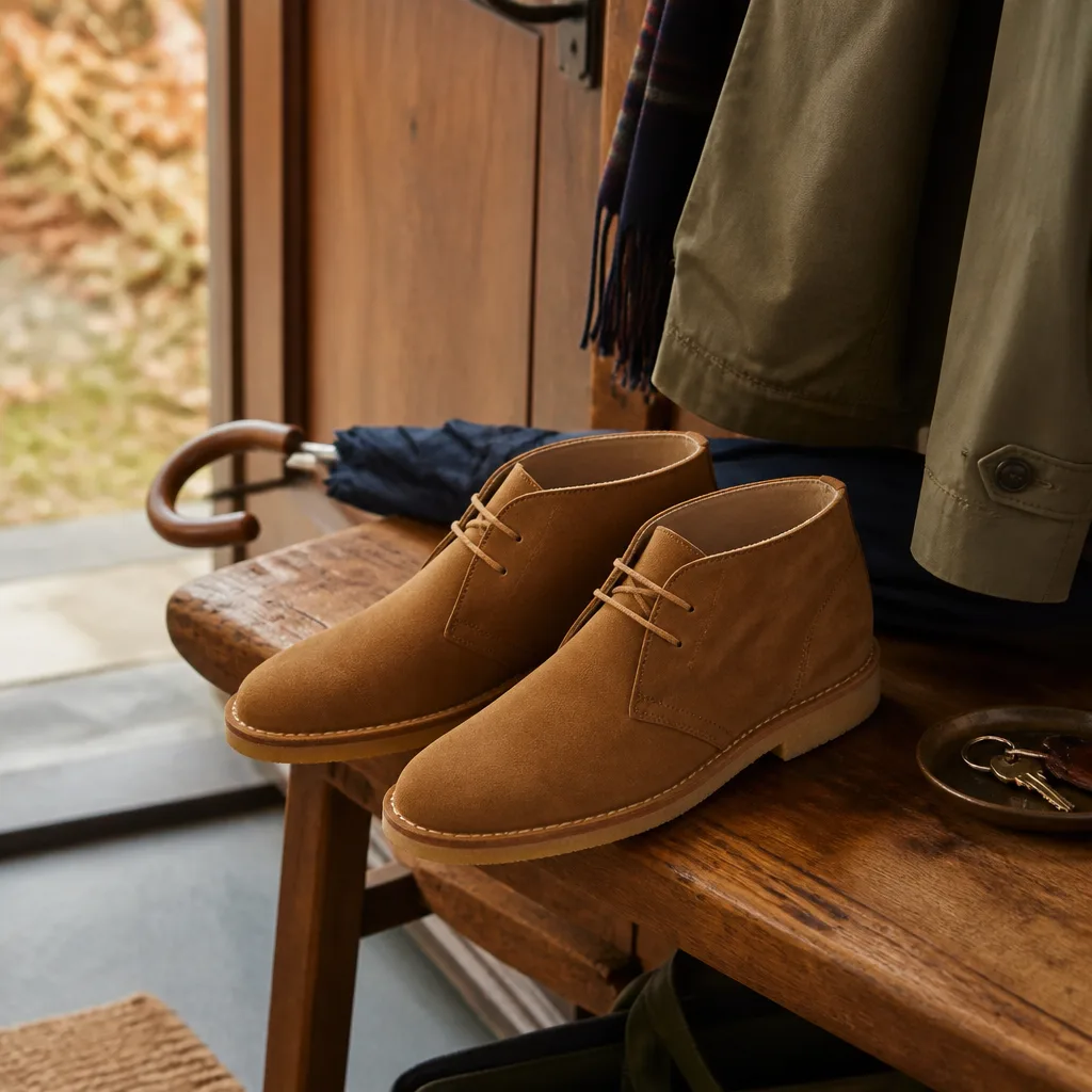 Suede Chukka Boots — Tan suede chukka boots built for the stretch between casual and smart-casual, the outfit that is not quite jeans and not quite a suit.