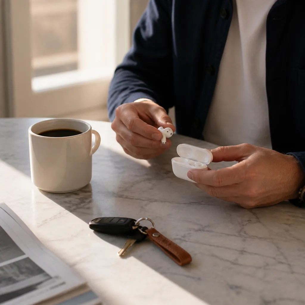 True Wireless Earbuds — Hi res sound in a case small enough to live in a jacket pocket, with three microphones so calls actually sound like him and not like a