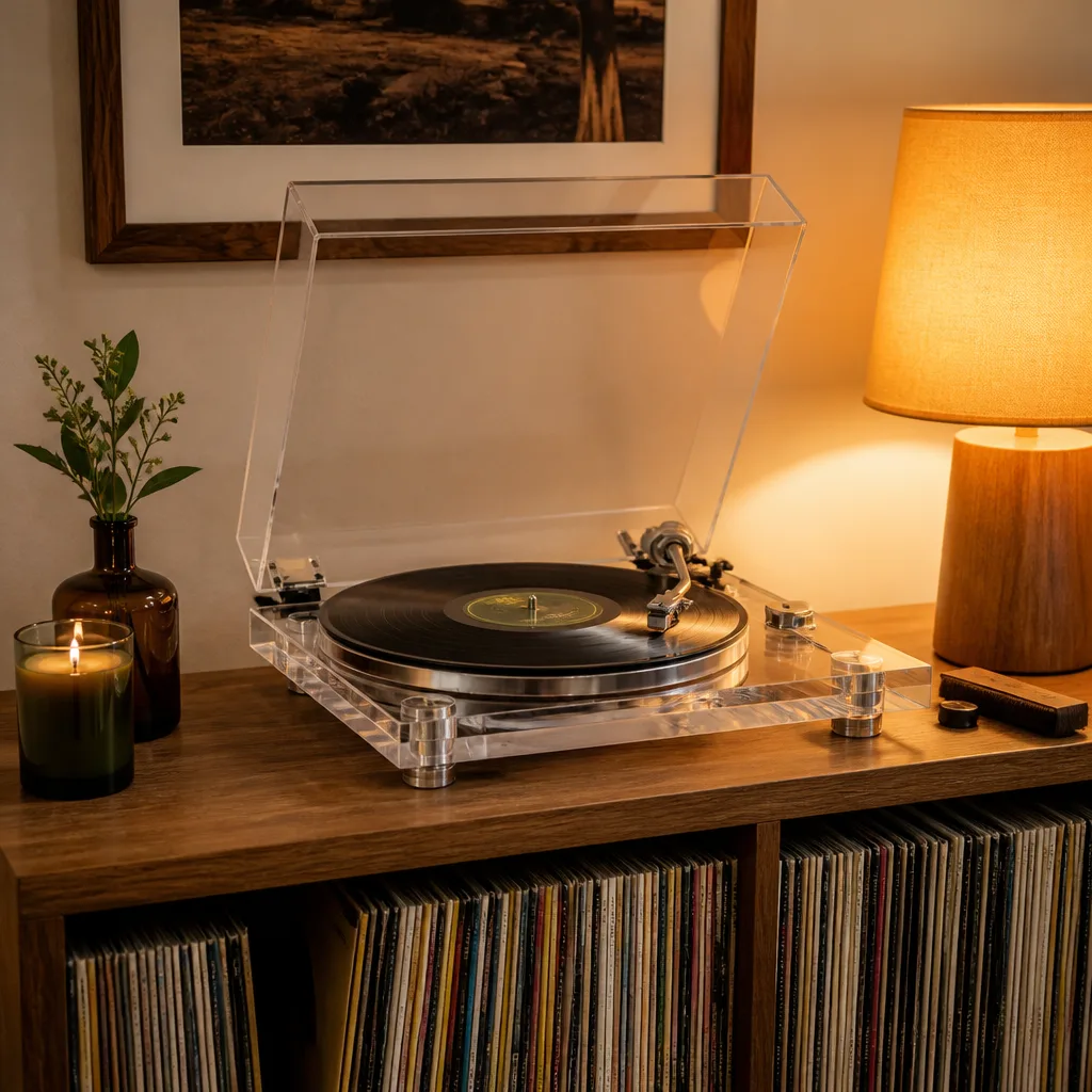 Vinyl Turntable — A clear acrylic turntable you can actually see through, built with Bluetooth so it plays vinyl straight to speakers or headphones with no
