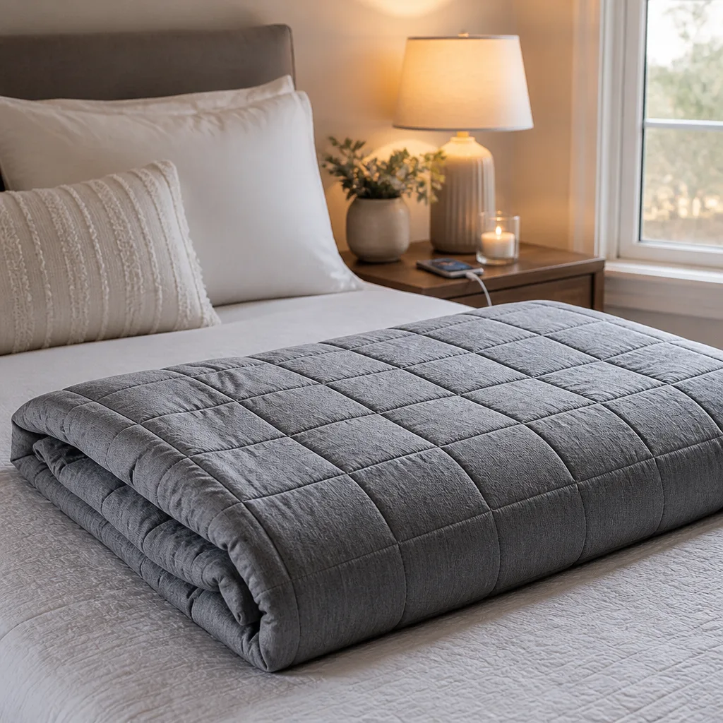 Weighted Blanket — A weighted cotton blanket whose gentle, even pressure gives an actual cocooned, calmer feeling within minutes of lying down, which is a