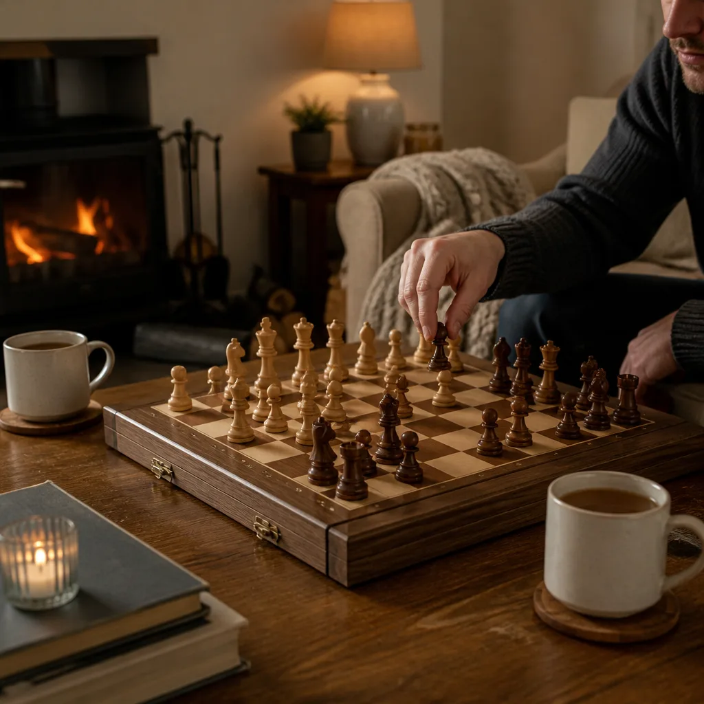 Wooden Chess Set — A handmade wooden chess set with a carved board and weighted pieces, built to sit out on the coffee table rather than live in a closet