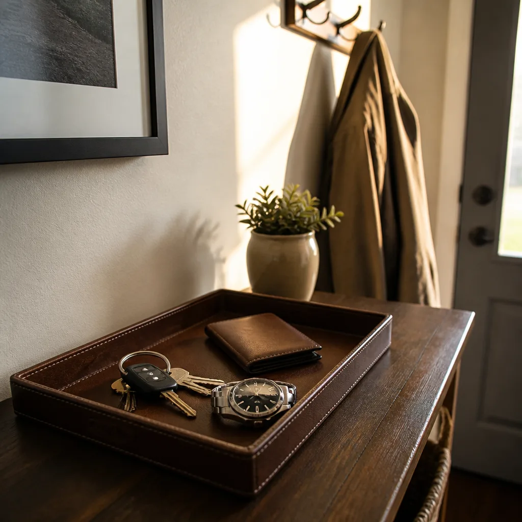 Leather Valet Tray — He empties his pockets onto the kitchen counter every single night, keys here, wallet there, watch wherever. Valentine gifts for husband