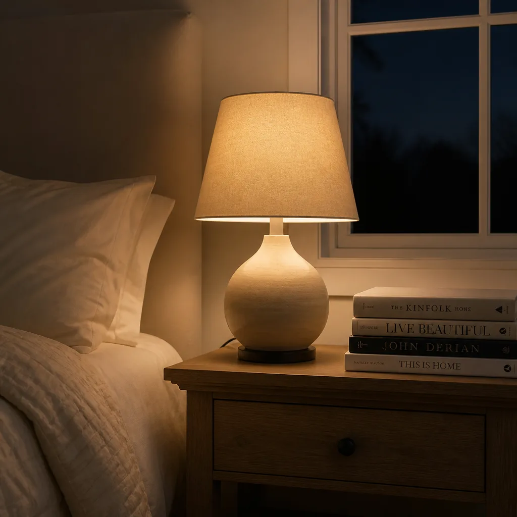Warm Reading Lamp — He reads in bed under a phone flashlight because the overhead light is too harsh and the lamp on his side burned out months ago. Valentine