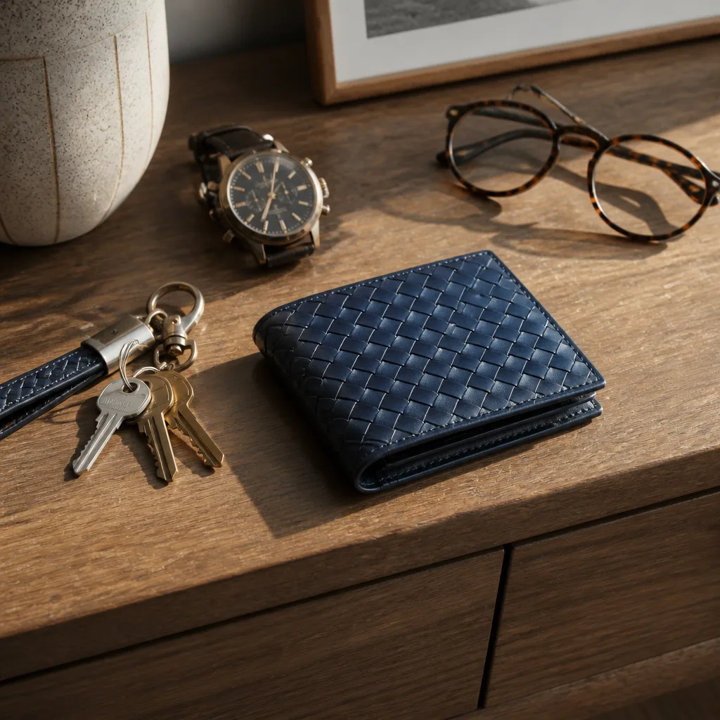 Woven Leather Wallet — He has carried the same cracked wallet since before you were married, and it has been held together with willpower for at least a year.