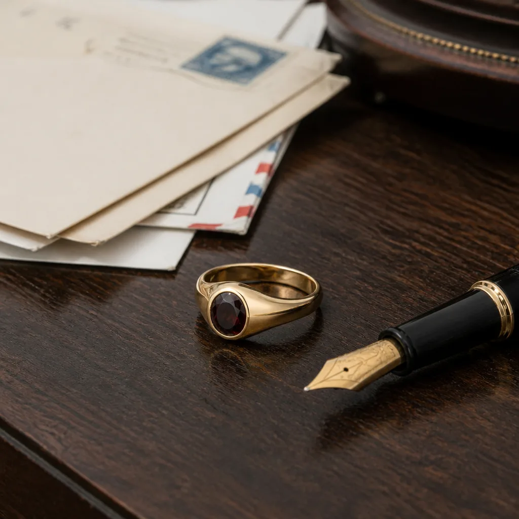 Gold Signet Ring — A signet ring with a coloured stone set into it reads as heirloom from the first wear, even brand new. Valentine gifts for wife