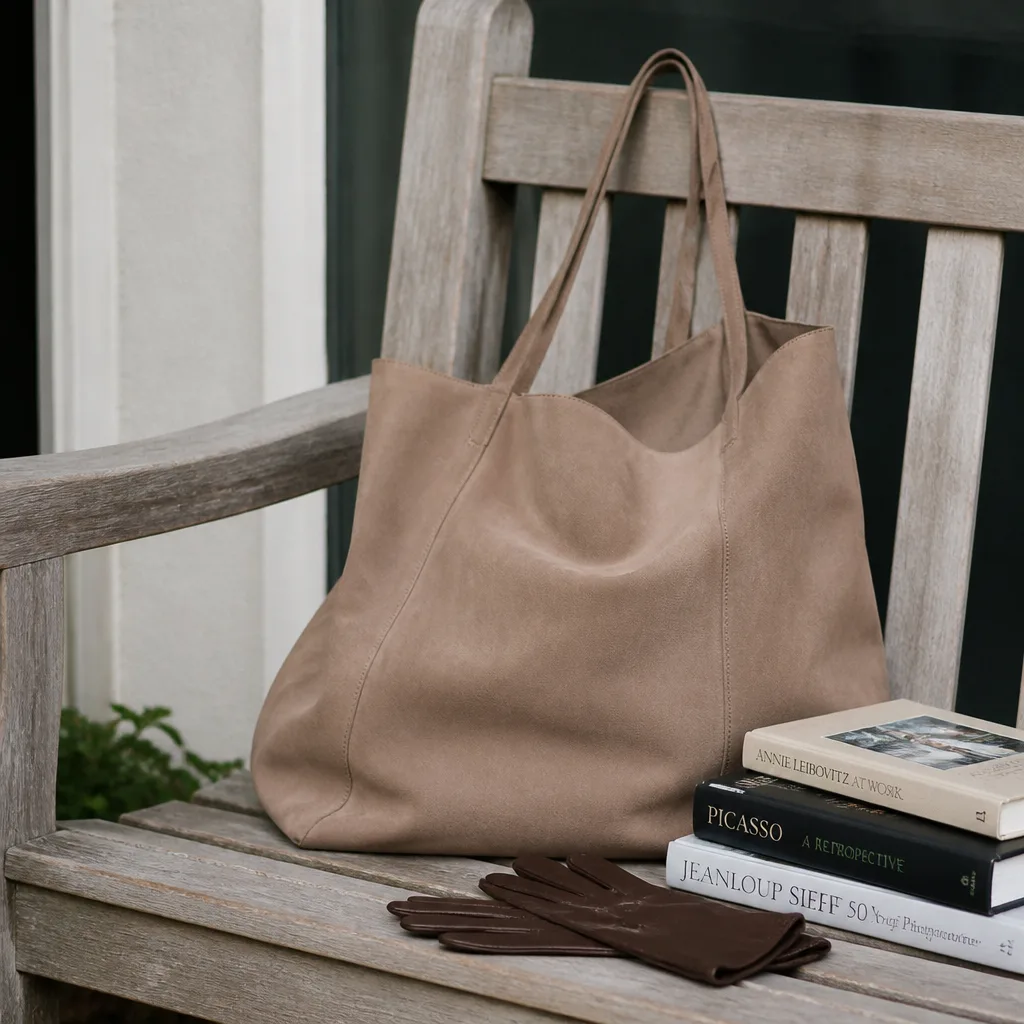 Nubuck Tote Bag — Some wives want a bag that disappears into an outfit rather than announcing itself, and a large, unlined nubuck tote with a soft slouch does