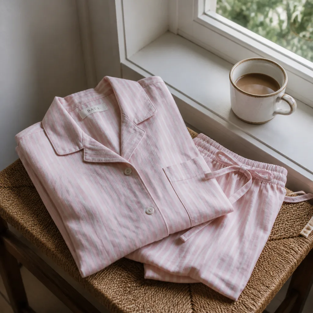Pink Striped Linen Pyjamas — Some women sleep hot, some sleep cold, and this pale pink striped set with a loose button-up shirt and drawstring shorts splits
