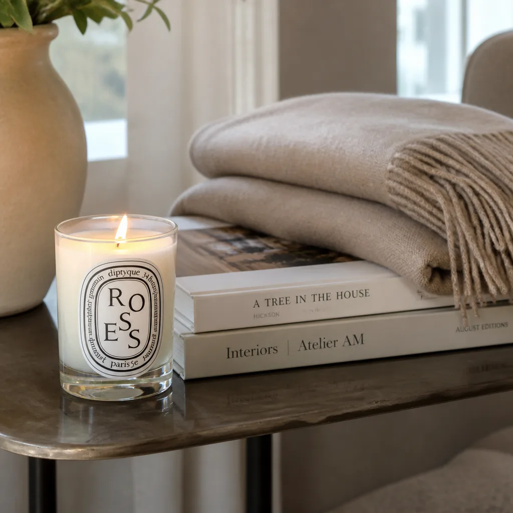 Rose Candle — Scent does more to set a mood than almost anything else in a room, and a rose-scented candle in a seasonal edition burns for many hours in a