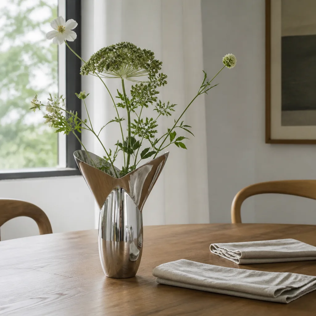 Stainless Steel Vase — A good vase gets used year round, not just for the one bouquet it arrived with, and a sculptural polished stainless steel vase with a