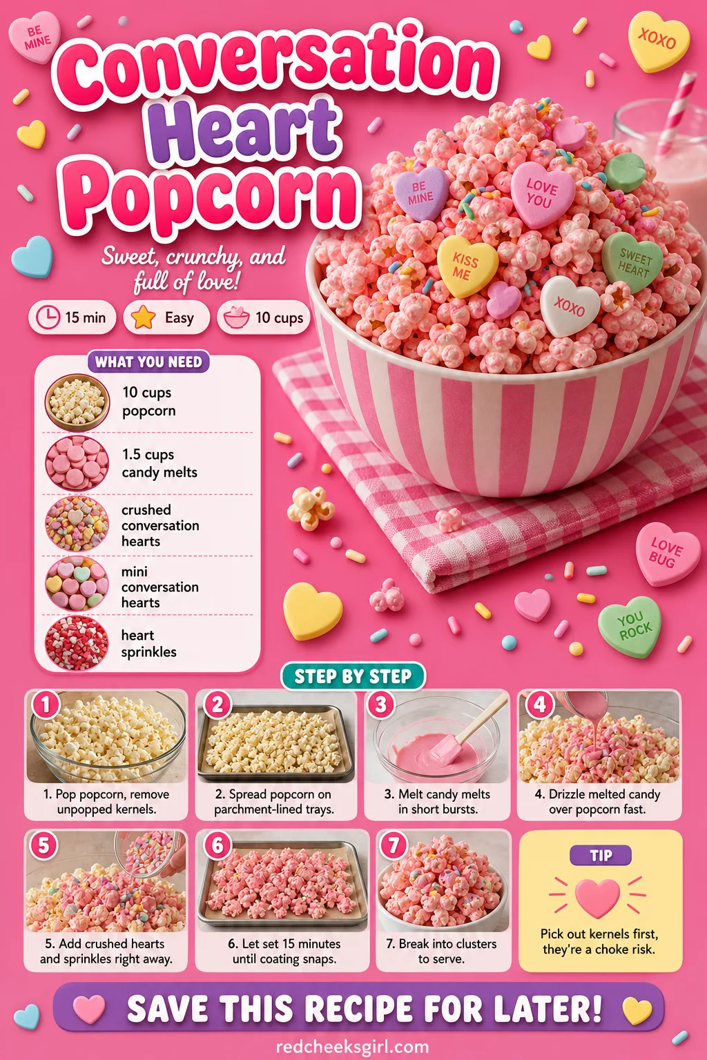 Conversation Heart Popcorn Recipe Card printable sheet. Valentine snacks for kids