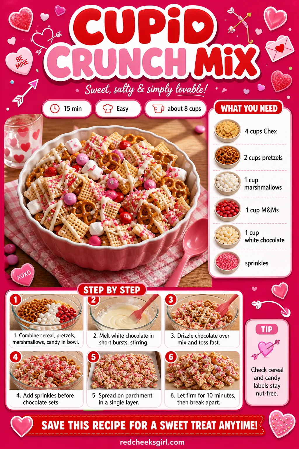 Cupid Crunch Mix Recipe Card printable sheet. Valentine snacks for kids