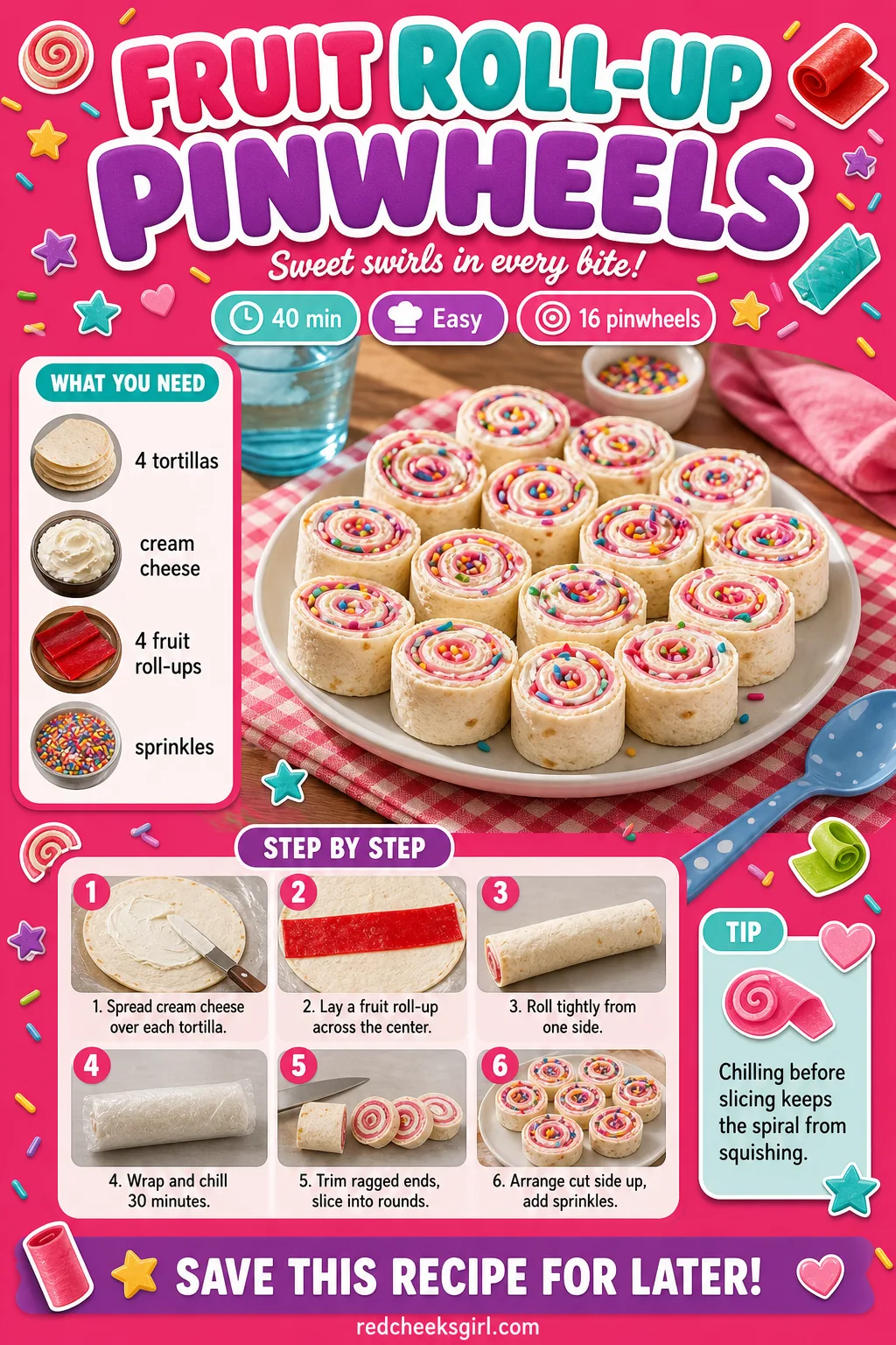 Fruit Roll-Up Pinwheels Recipe Card printable sheet. Valentine snacks for kids