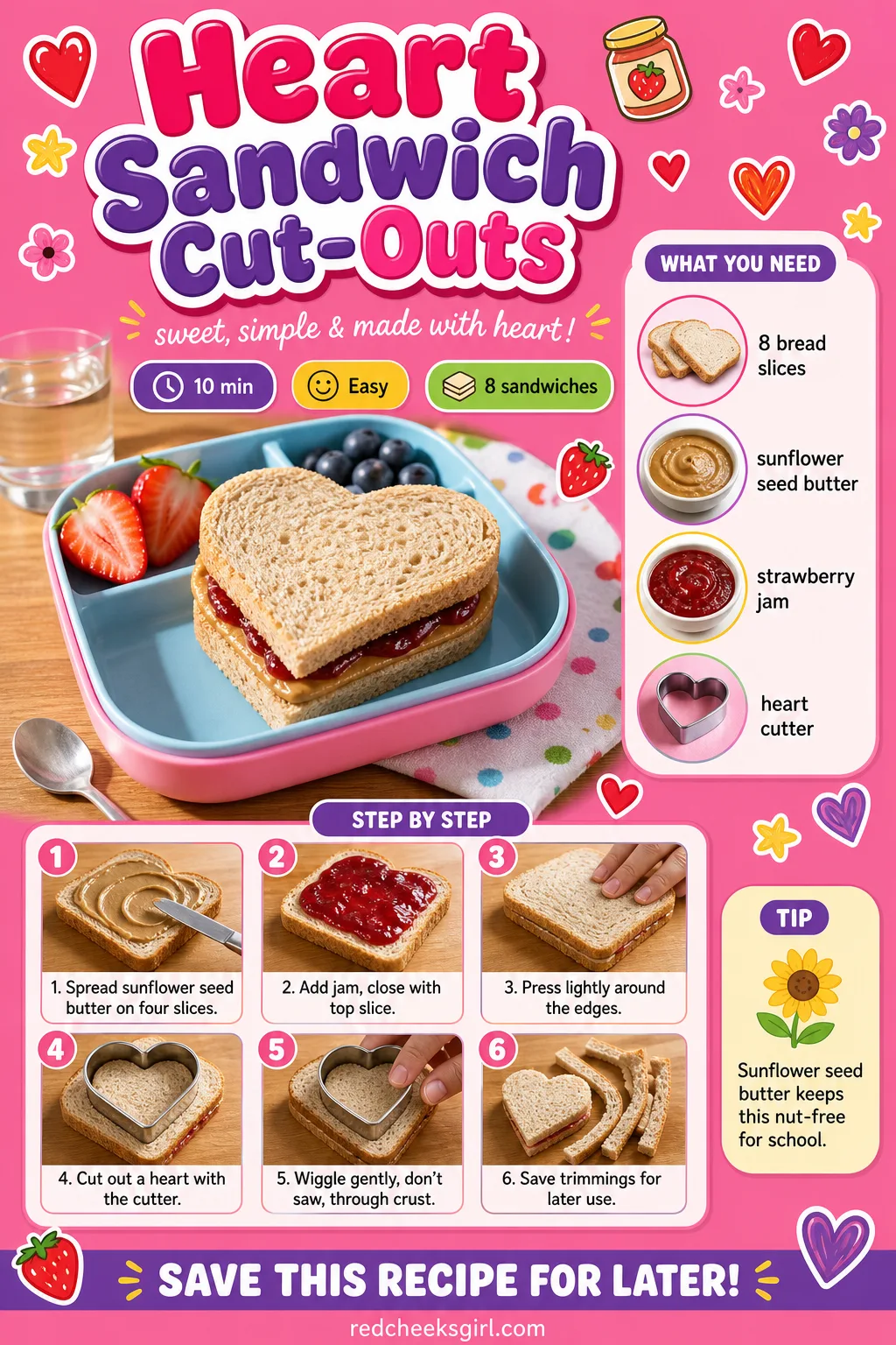 Heart Sandwich Cut-Outs Recipe Card printable sheet. Valentine snacks for kids