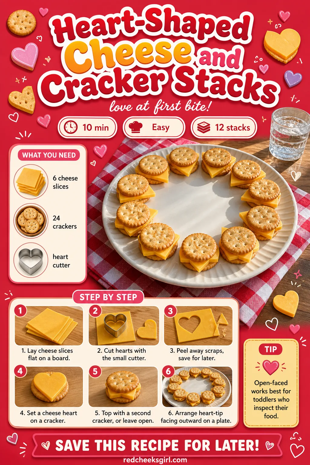 Heart-Shaped Cheese and Cracker Stacks Recipe Card printable sheet. Valentine snacks for kids