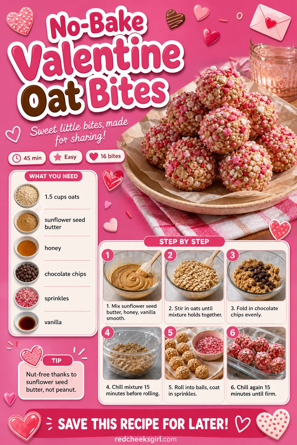 No-Bake Valentine Oat Bites Recipe Card printable sheet. Valentine snacks for kids