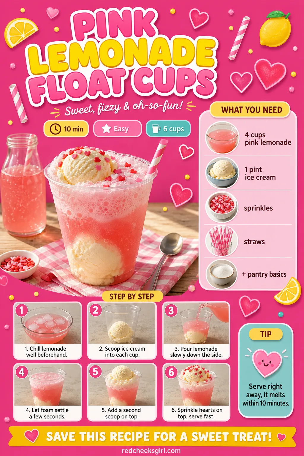 Pink Lemonade Float Cups Recipe Card printable sheet. Valentine snacks for kids