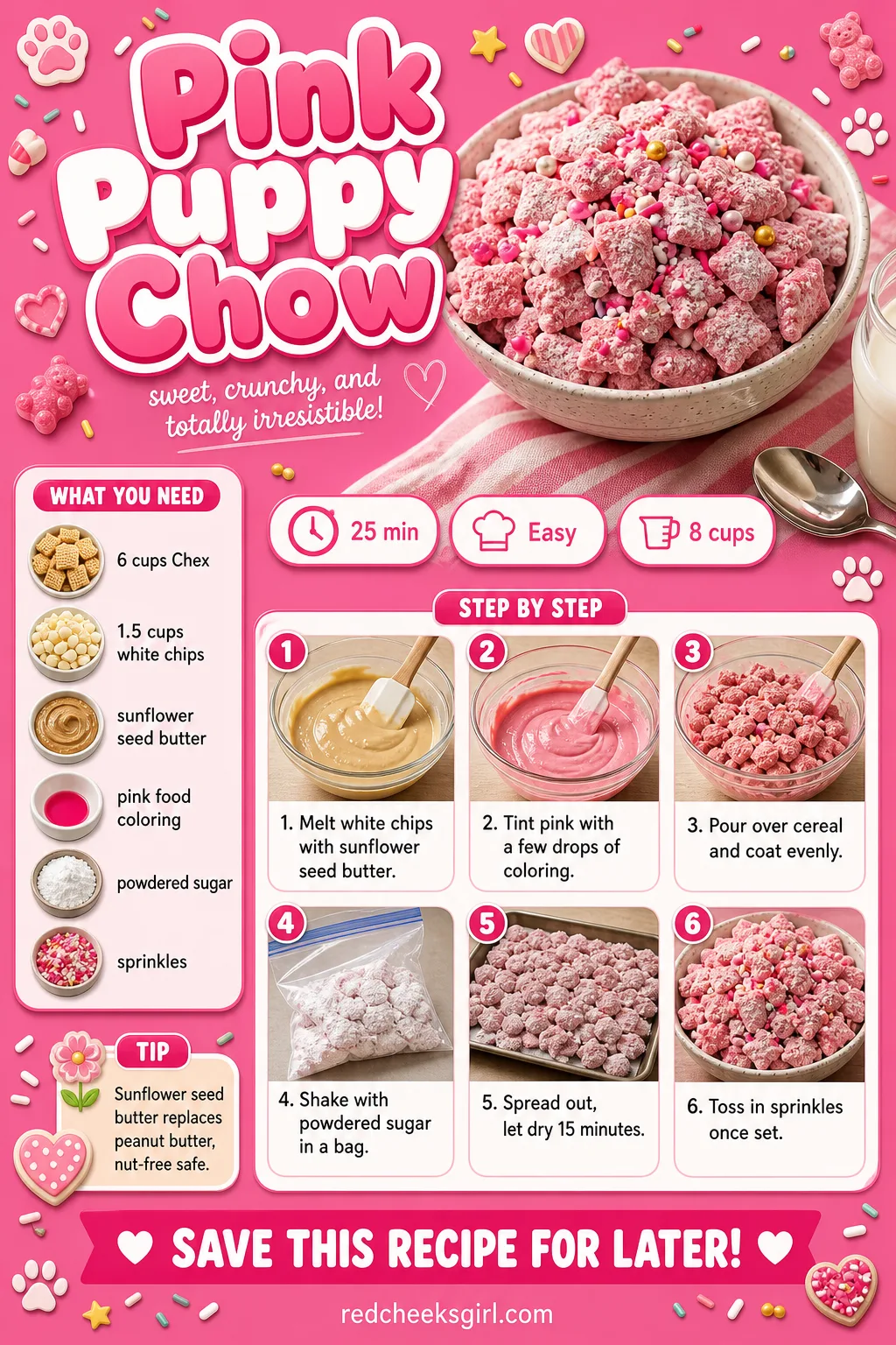 Pink Puppy Chow Recipe Card printable sheet. Valentine snacks for kids