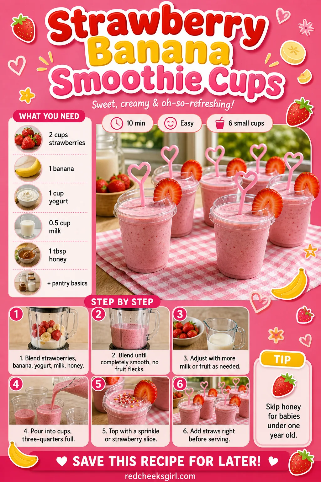 Strawberry Banana Smoothie Cups Recipe Card printable sheet. Valentine snacks for kids