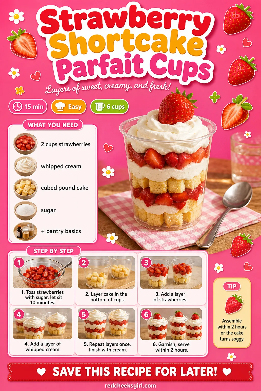Strawberry Shortcake Parfait Cups Recipe Card printable sheet. Valentine snacks for kids