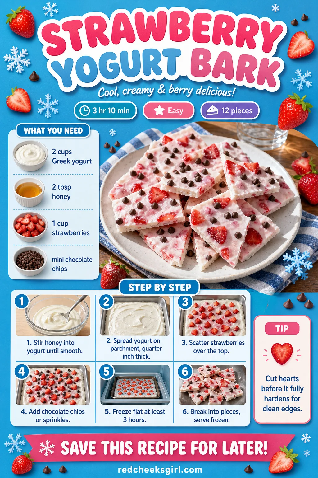 Strawberry Yogurt Bark Recipe Card printable sheet. Valentine snacks for kids