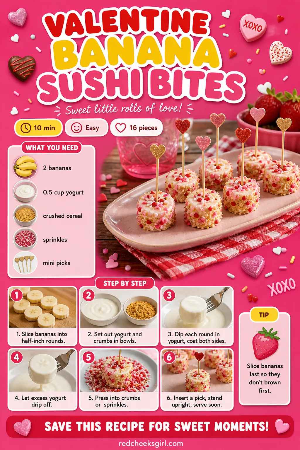 Valentine Banana Sushi Bites Recipe Card printable sheet. Valentine snacks for kids