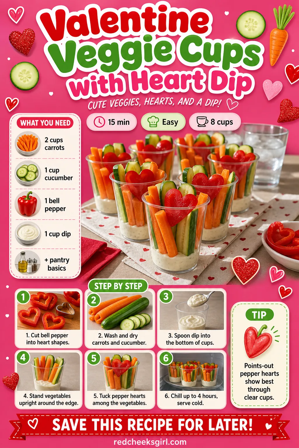 Valentine Veggie Cups with Heart Dip Recipe Card printable sheet. Valentine snacks for kids