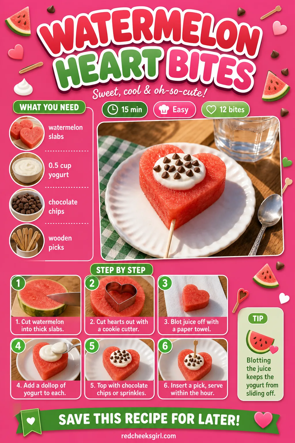 Watermelon Heart Bites Recipe Card printable sheet. Valentine snacks for kids