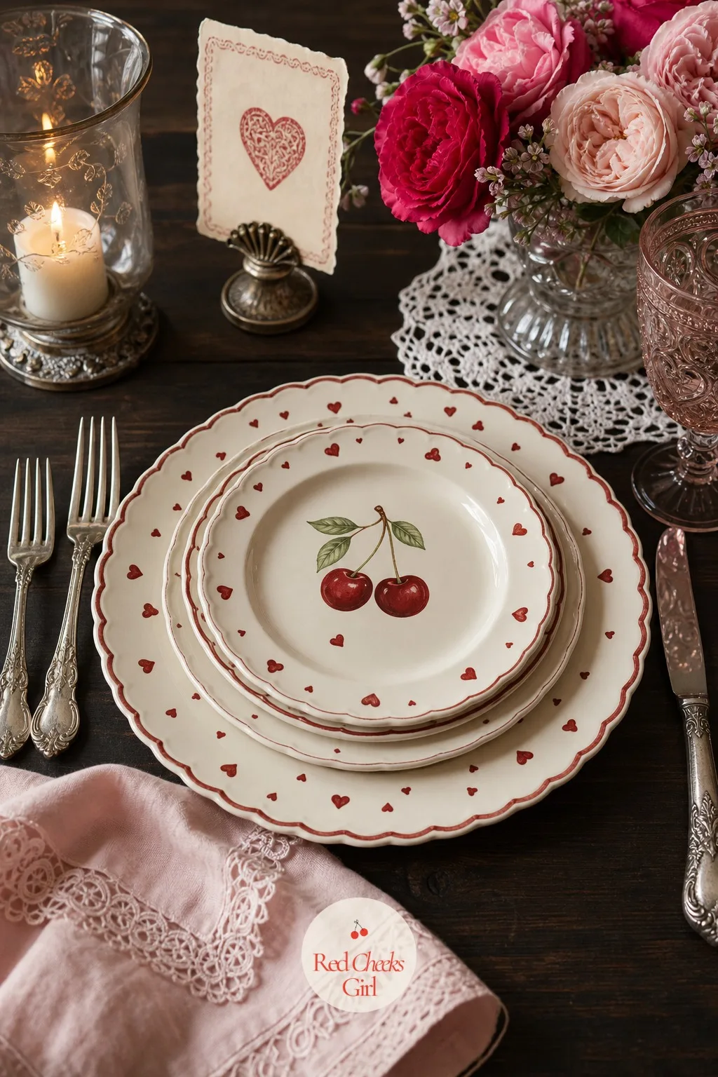 Cherry and Heart Pattern China Stacked at Each Place — A dinner plate topped with a smaller salad or dessert plate printed in cherries and tiny red hearts
