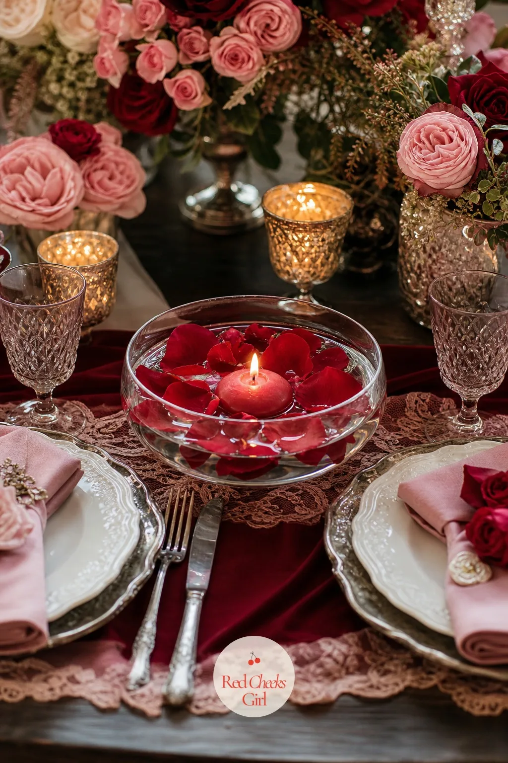 A Floating Candle and Petal Bowl for a Table for Two — For a table set for exactly two people, a single low glass bowl filled with water, one floating candle