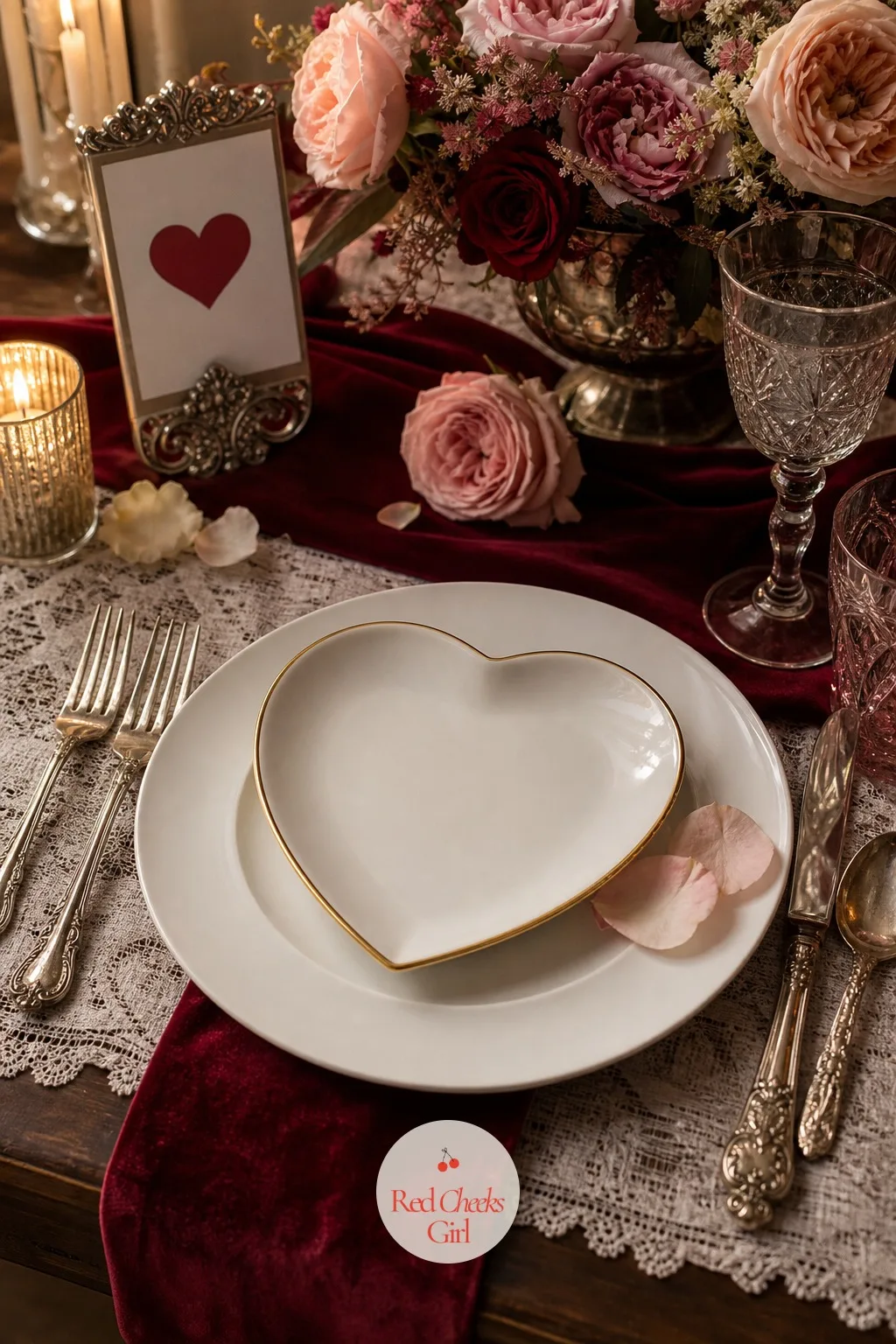 Gold-Rimmed Heart Dessert Plates Stacked on Top — A heart-shaped dessert plate rimmed in gold, stacked on a plain white dinner plate, gives the place setting