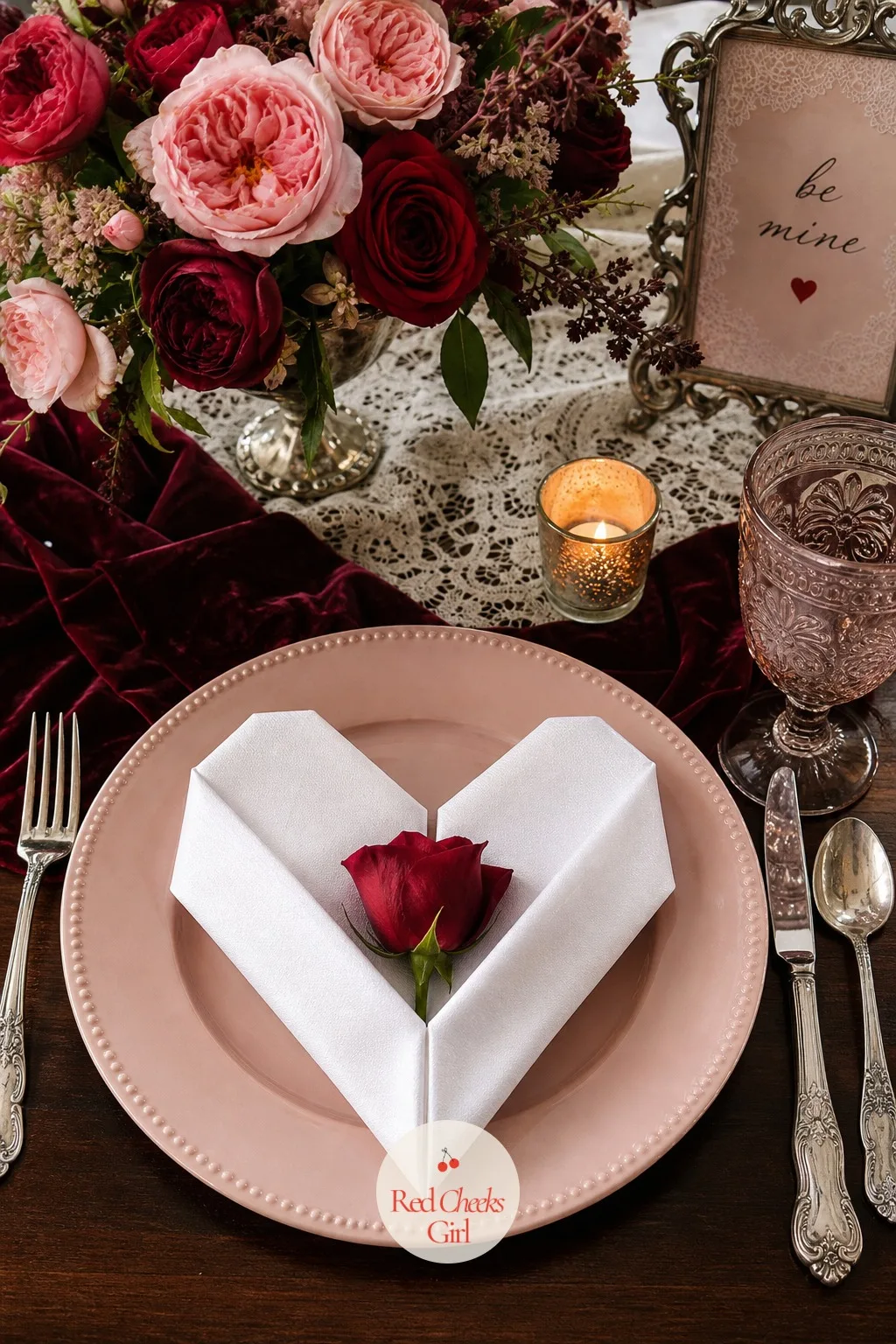 Heart-Folded Dinner Napkins — A napkin folded into a heart costs nothing beyond two minutes per place setting, and it is the detail she will actually notice