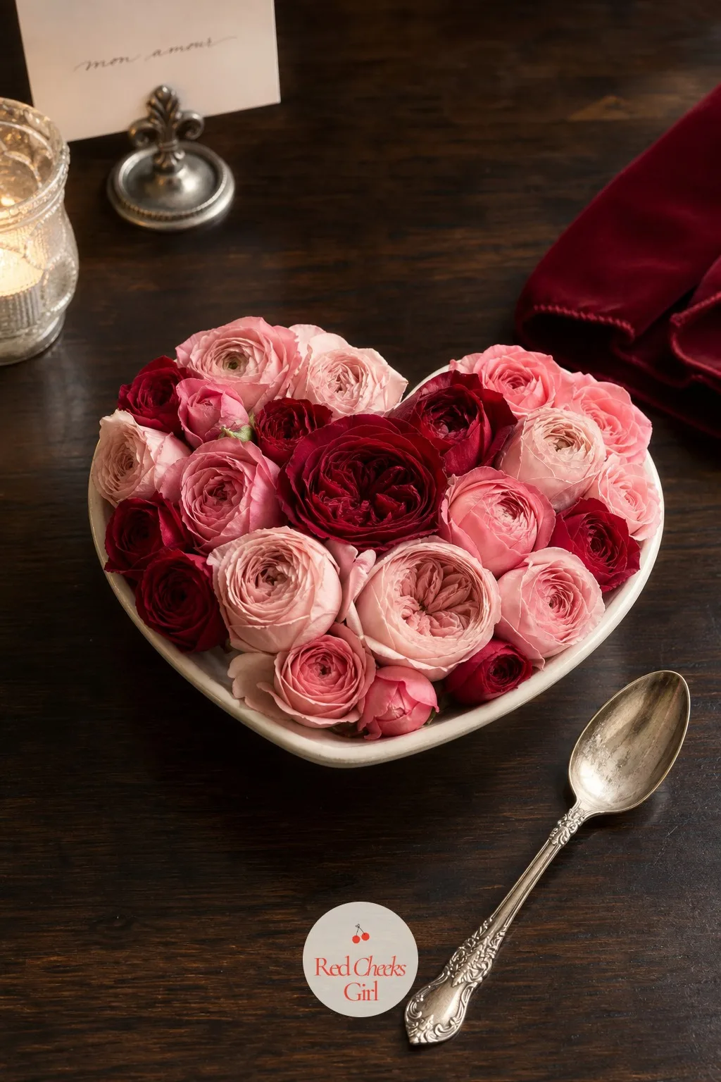 A Heart-Shaped Ranunculus Compote — A single shallow compote, packed into a rough heart shape with ranunculus and a few short-stemmed roses, works as a quieter