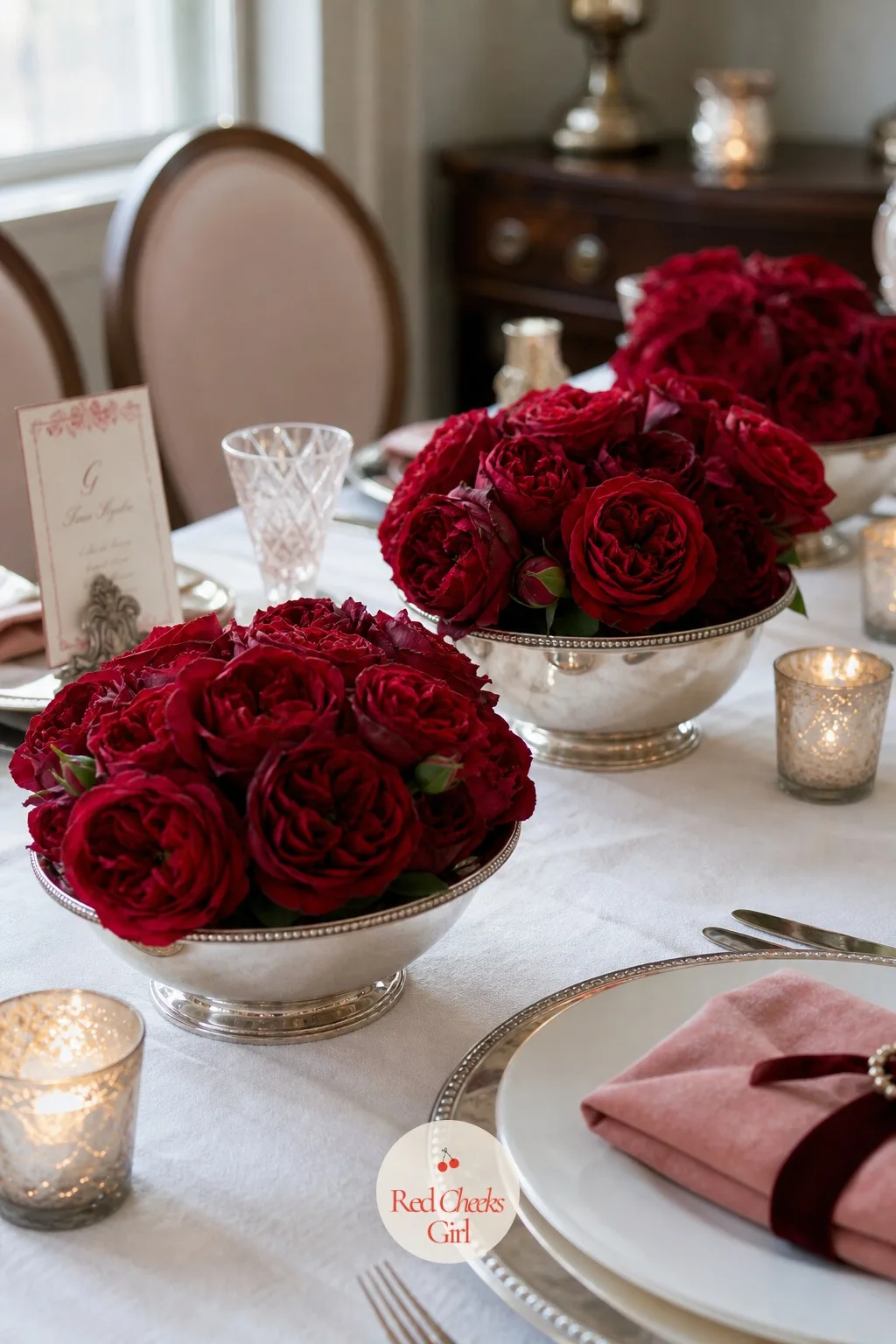 Low Silver Bowls of Garden Roses — Three or four low silver bowls marching down the center read as far more generous than one tall arrangement, and they never
