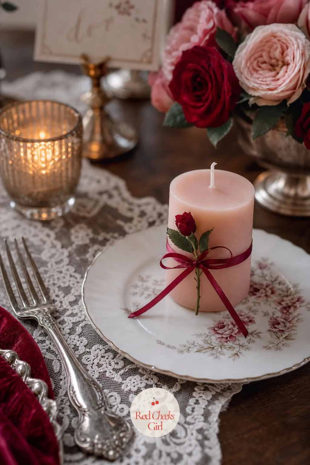 A Mini Rosebud Tied to a Place Candle — A short pillar or votive candle at each individual place setting, with one small rosebud tied around its base in thin