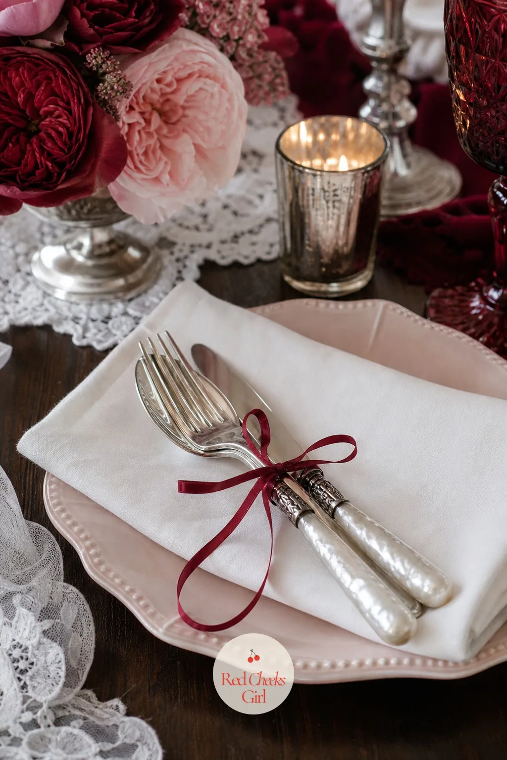 Pearl-Handled Flatware Tied With a Red Ribbon — A flatware set with pearl-finished handles already looks a step more special than everyday stainless, and tying