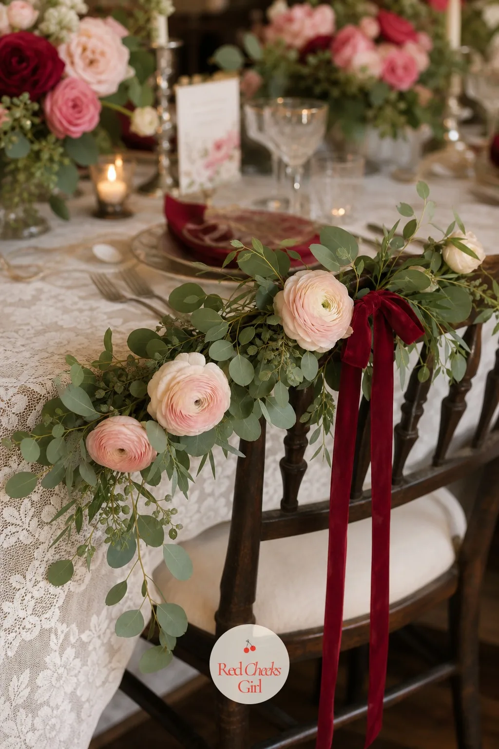 A Ribbon-Wrapped Garland of Ranunculus and Eucalyptus — A loose garland of ranunculus and eucalyptus, bound with a trailing length of red ribbon, drapes along