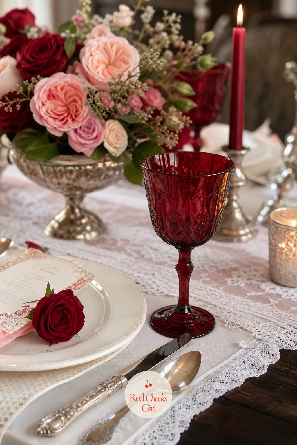 Ruby Red Wine Goblets at Every Place — A stemmed goblet in deep ruby glass catches candlelight in a way a plain glass never does, and it holds its color even