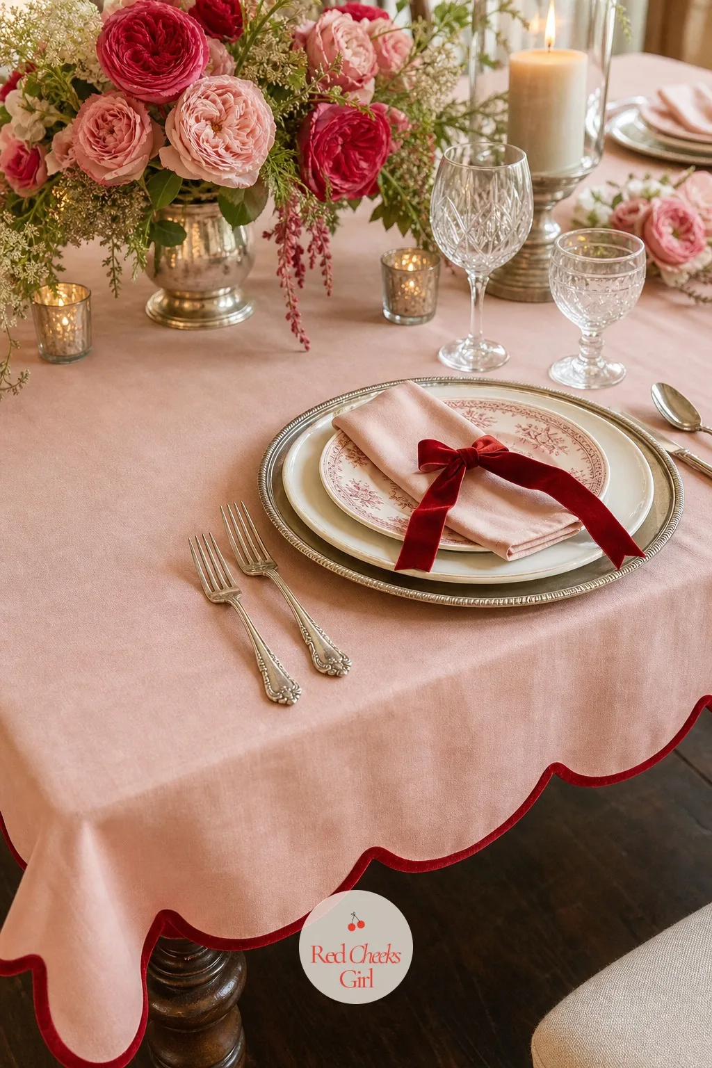 A Scalloped Blush Tablecloth With Red Velvet Trim — A plain blush cloth with a scalloped hem already looks finished, but a line of deep red velvet ribbon