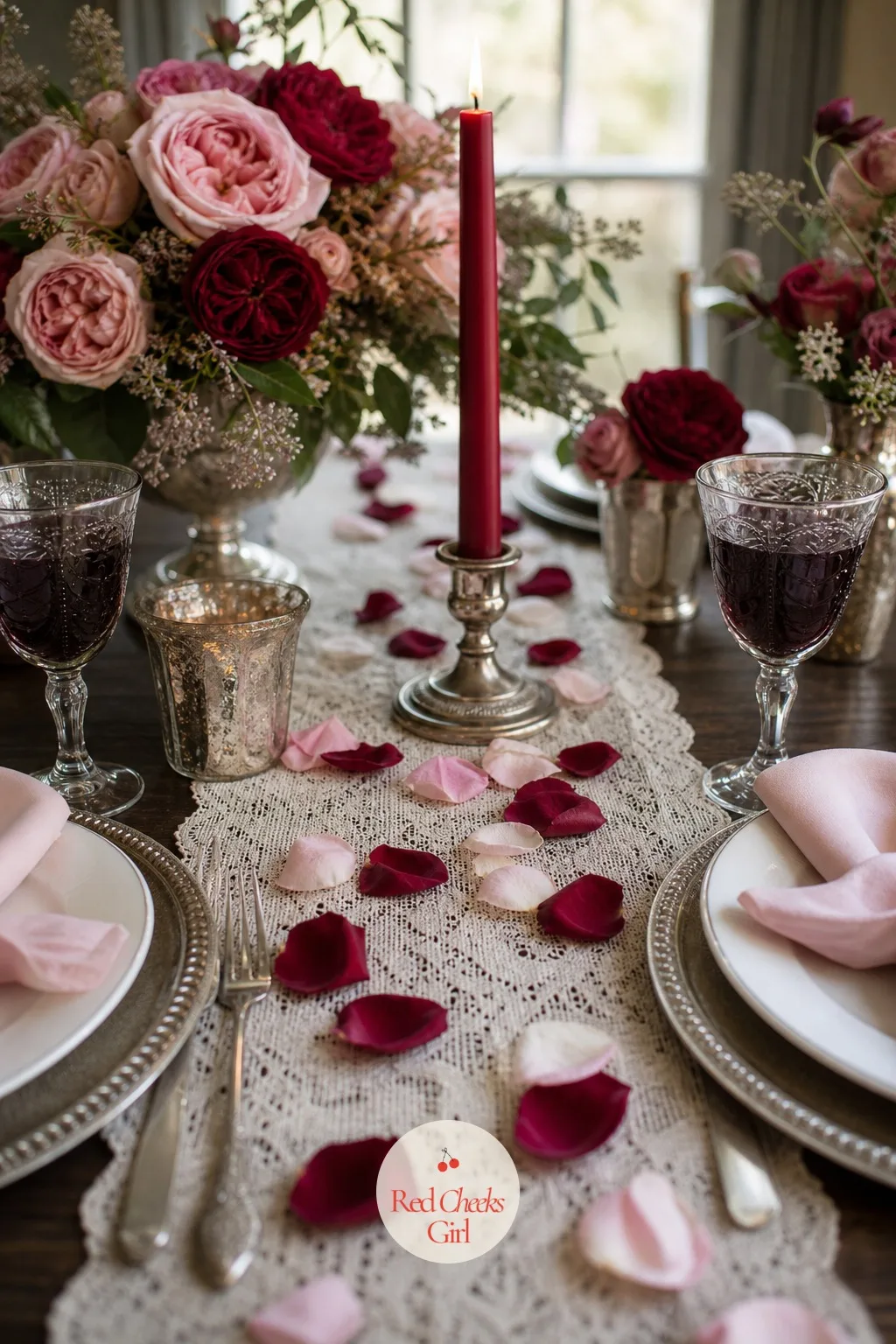 Scattered Rose Petals Across the Runner — Loose petals scattered directly across the runner, drifting slightly between place settings rather than piled in one